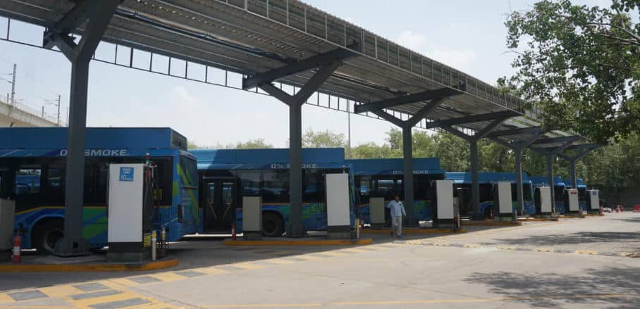 A Bus depot with five e-buses