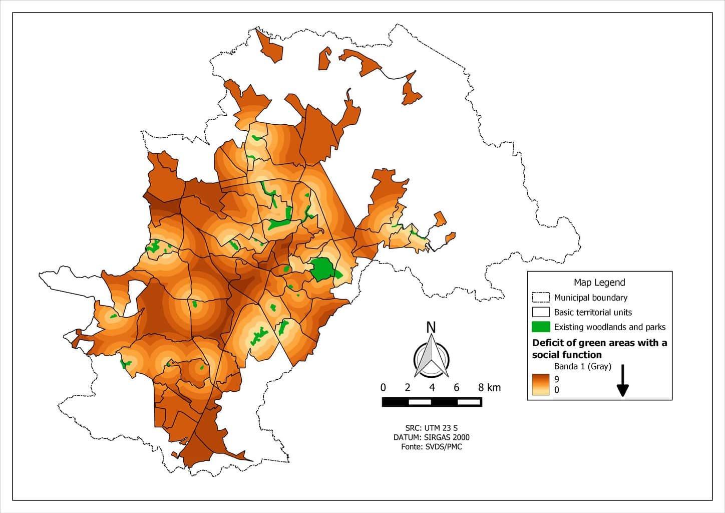 Map showing deficit of green areas with social function, populations far away from green areas in brown. @ Municipal Green Plan | Campinas City Hall