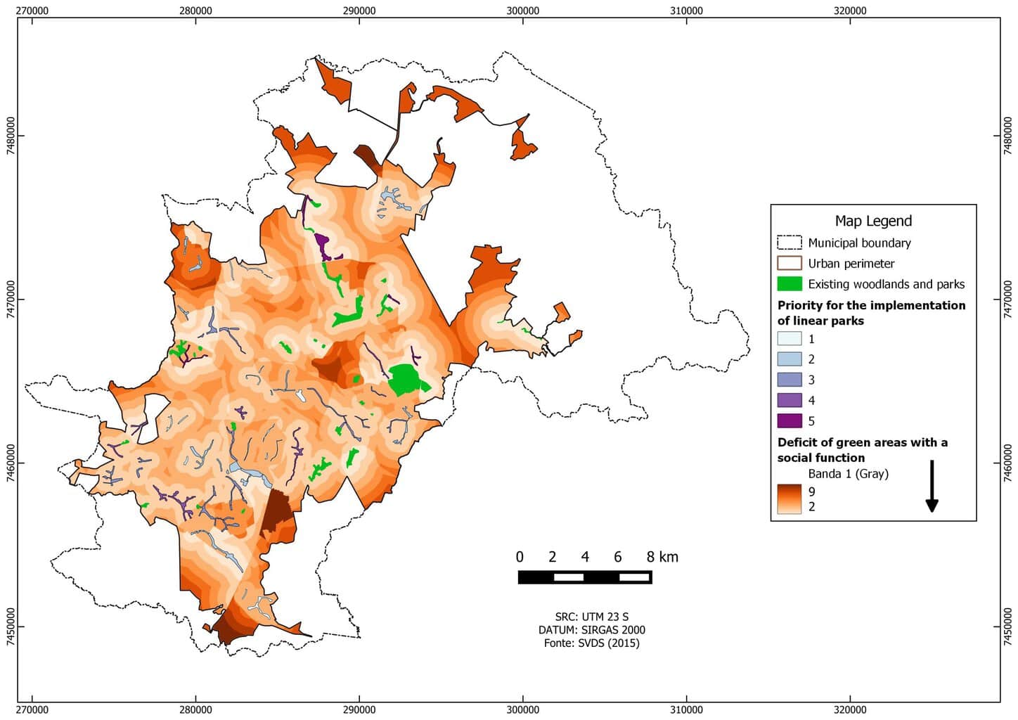 Deficit of green areas with social function after the implementation of linear parks